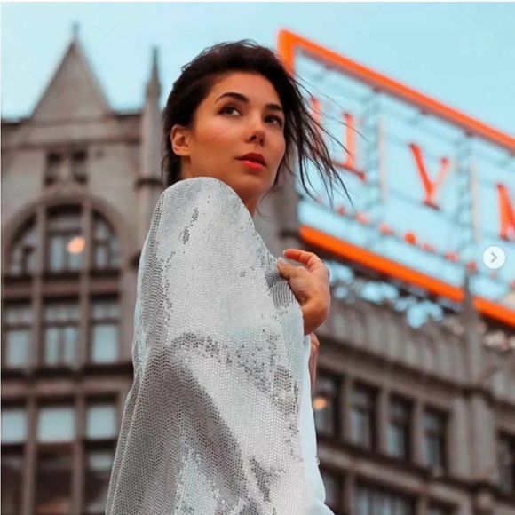 Zara Cape Puncho Blazer Jacket Silver Metallic Sequin NEW - Picture 4 of 13